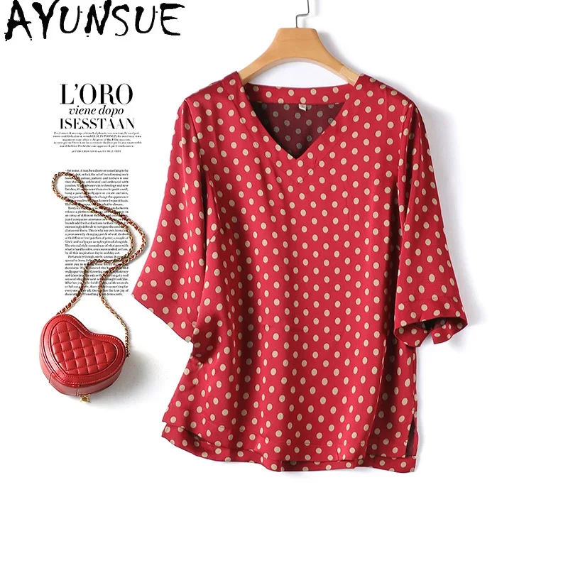 

AYUNSUE Women Tops Real Silk Elegant Female Blouses Women Clothes Summer Shirts Polka Dots Chiffon Blouse Blusas Mujer