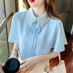 Sweet Peter Pan Collar Lace Up Bow Ruffles Oversized Beading Chiffon Shirt Summer Casual Pullovers Loose Commute Women's Blouse