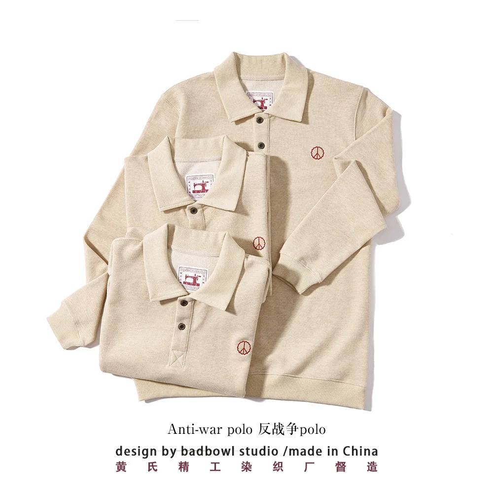 Anti War Embroidered Long Sleeved Polo Shirt,warm Velvet Oxford Bead Collar Long Sleeved