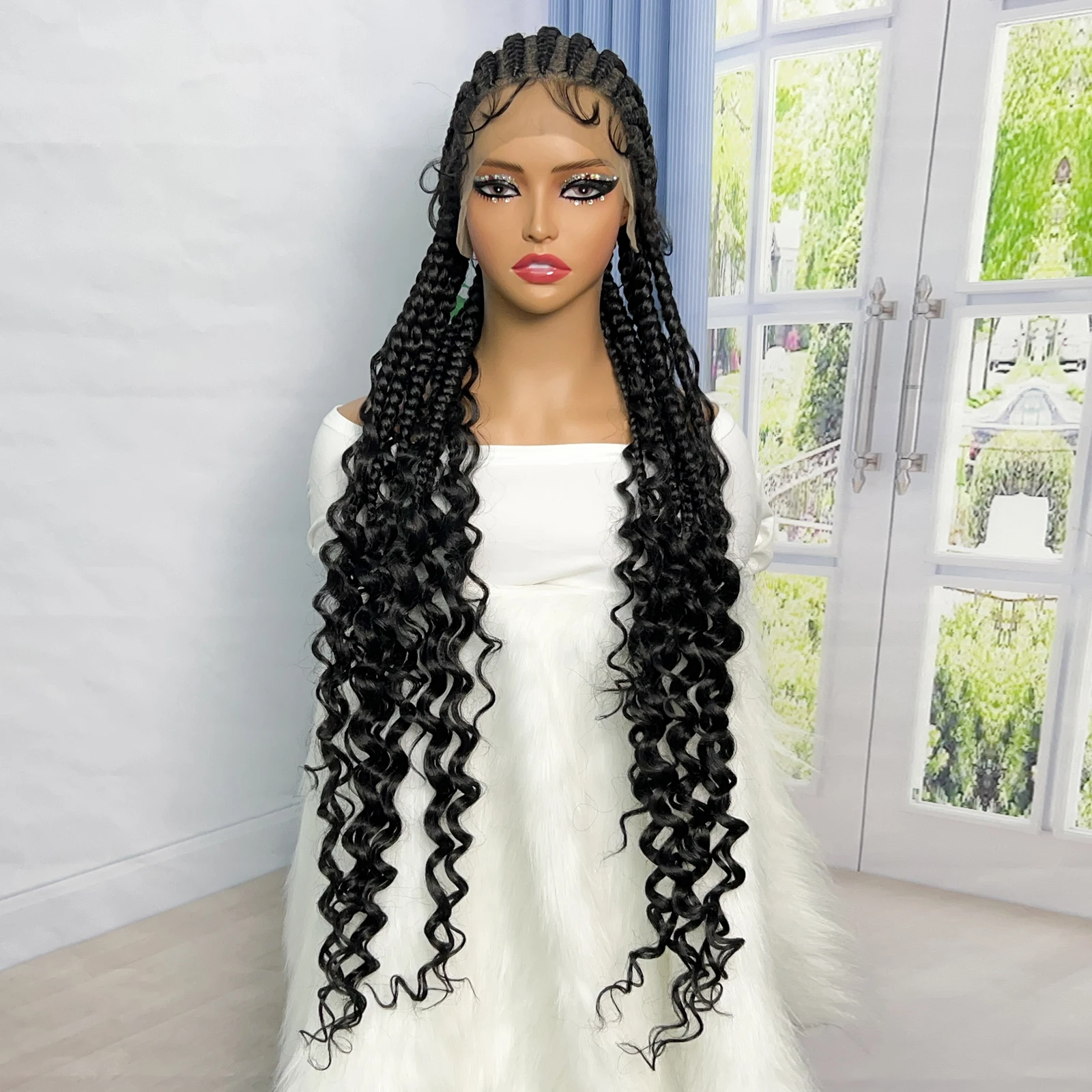 Cornrow Braided Wigs With Baby Hair 36 inches Synthetic Transparent Full Lace Braiding Hair Wigs with Curly Ends for Black Women