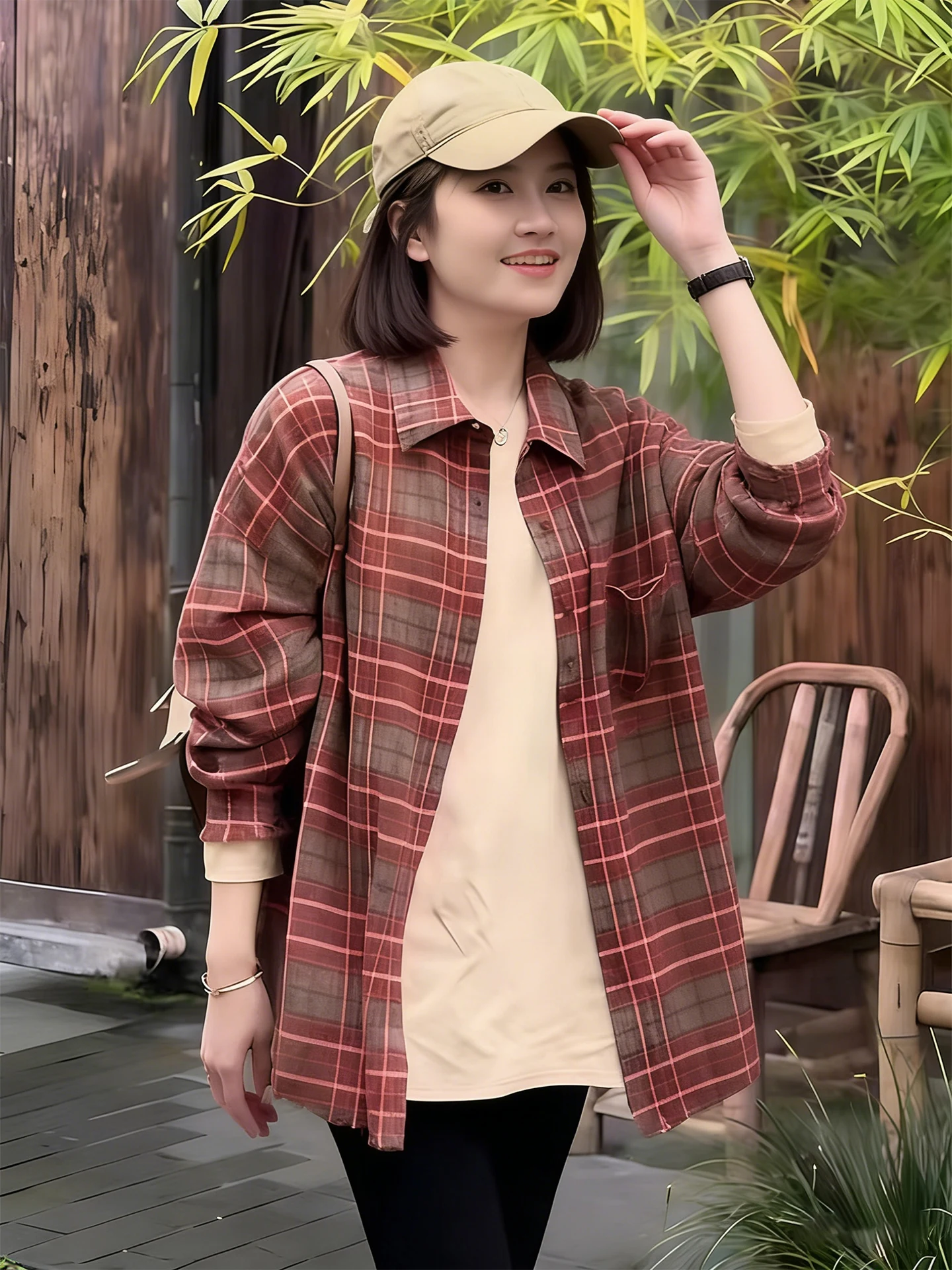 

Retro Hong Kong Style Red Plaid Long Sleeve Women's Shirt Spring Loose Sun Protection Loose Checkered Shirt Loose Top