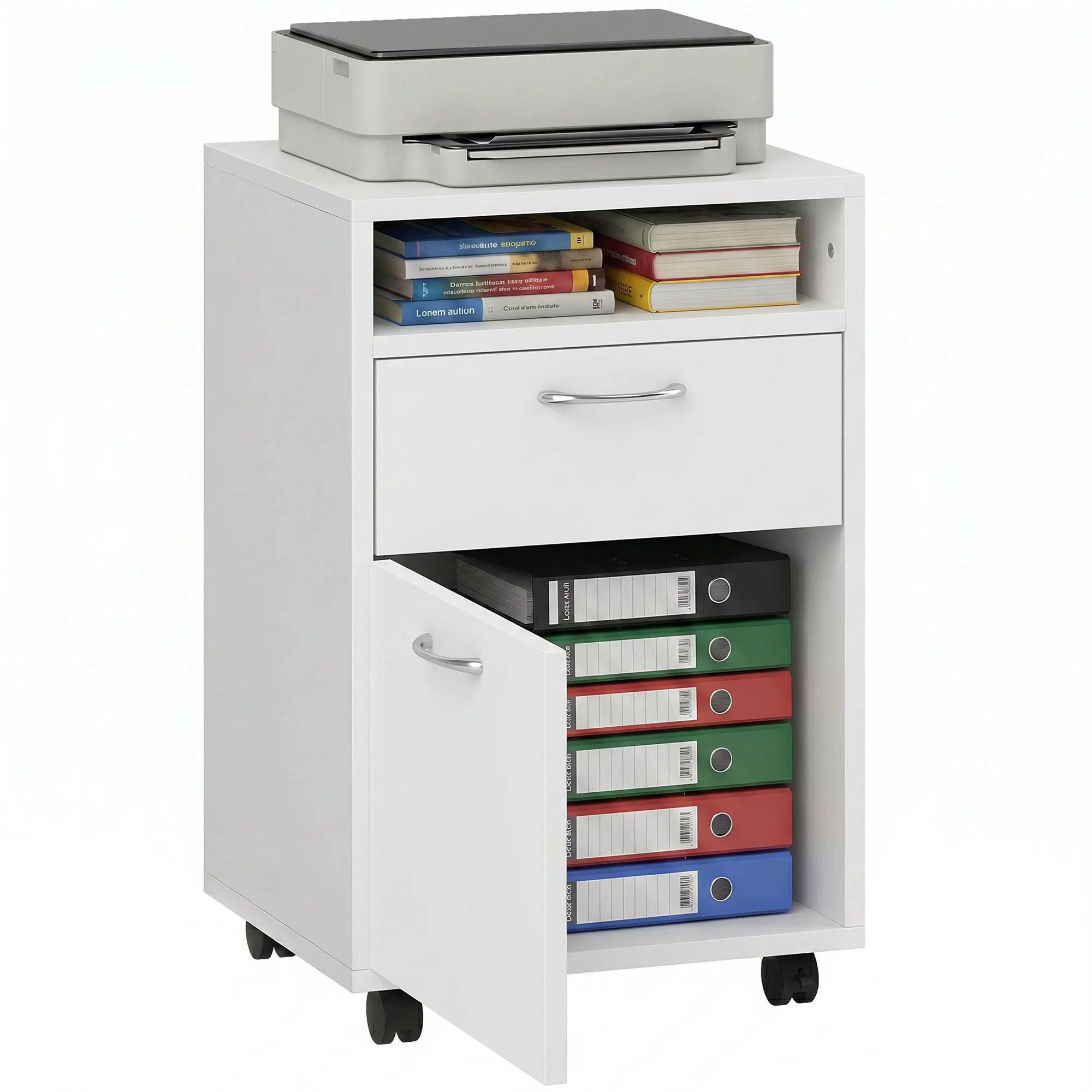 HOMCOM Mobile Storage Cabinet Organizer with Drawer and Cabinet, Printer Stand with Castors, White