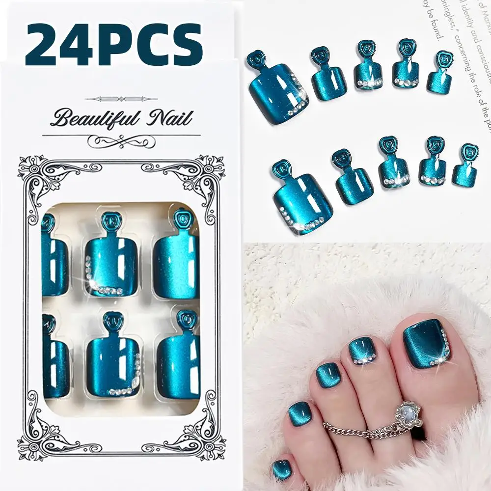 24Pcs Lake Blue Cat's Eye Press On Toenails Short Square Fake Toenail with 3D Rhinestones Decor Full Coverage False Foot Nails T