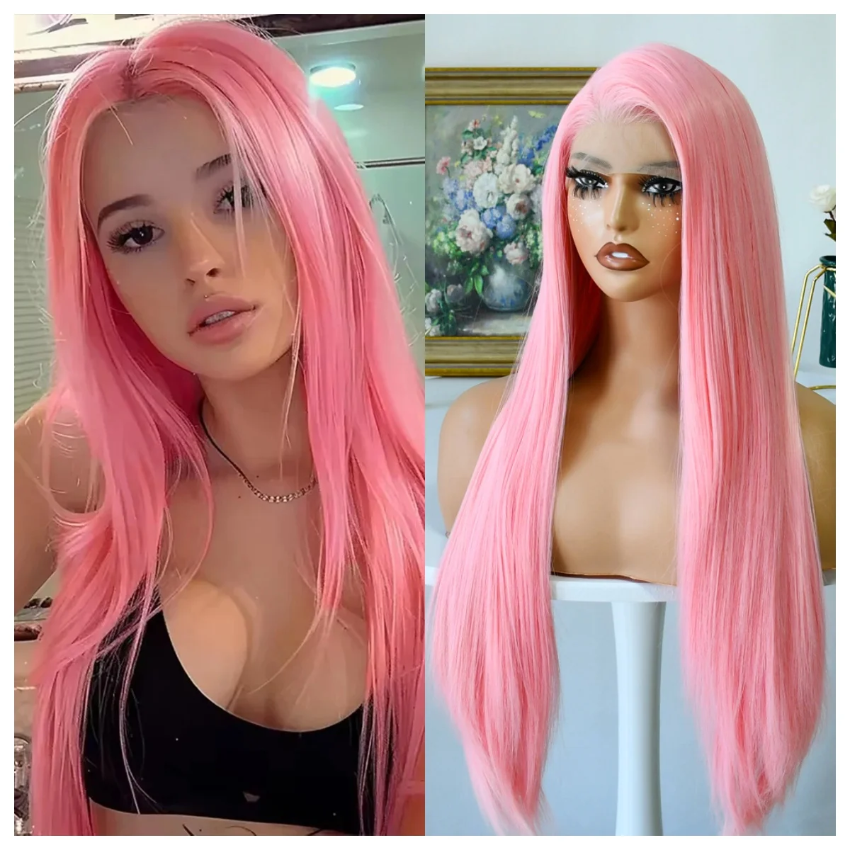 

13x4 HD Transparent Full Lace Frontal Wig Light Pink Wig Straight Wig Pink Lace Front Wig Blonde Wig 30 Inches Synthetic 가발