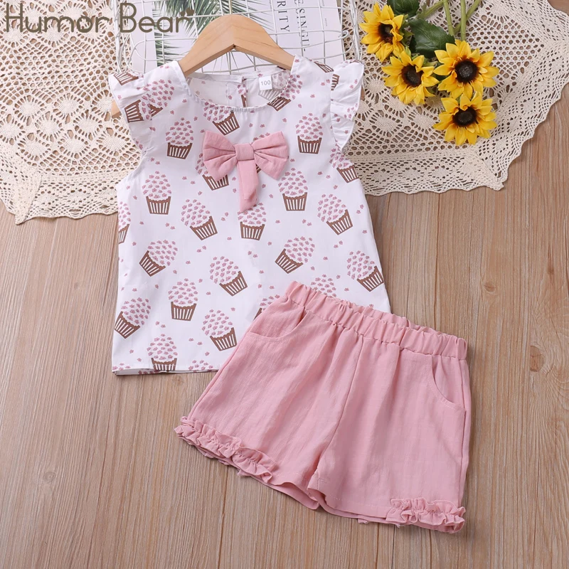 Humor Bear Girls' Two-Piece Summer Korean Shorts Cartoon Ice Cream Bow Vest Vestidos Casual Outfit 3-7Y