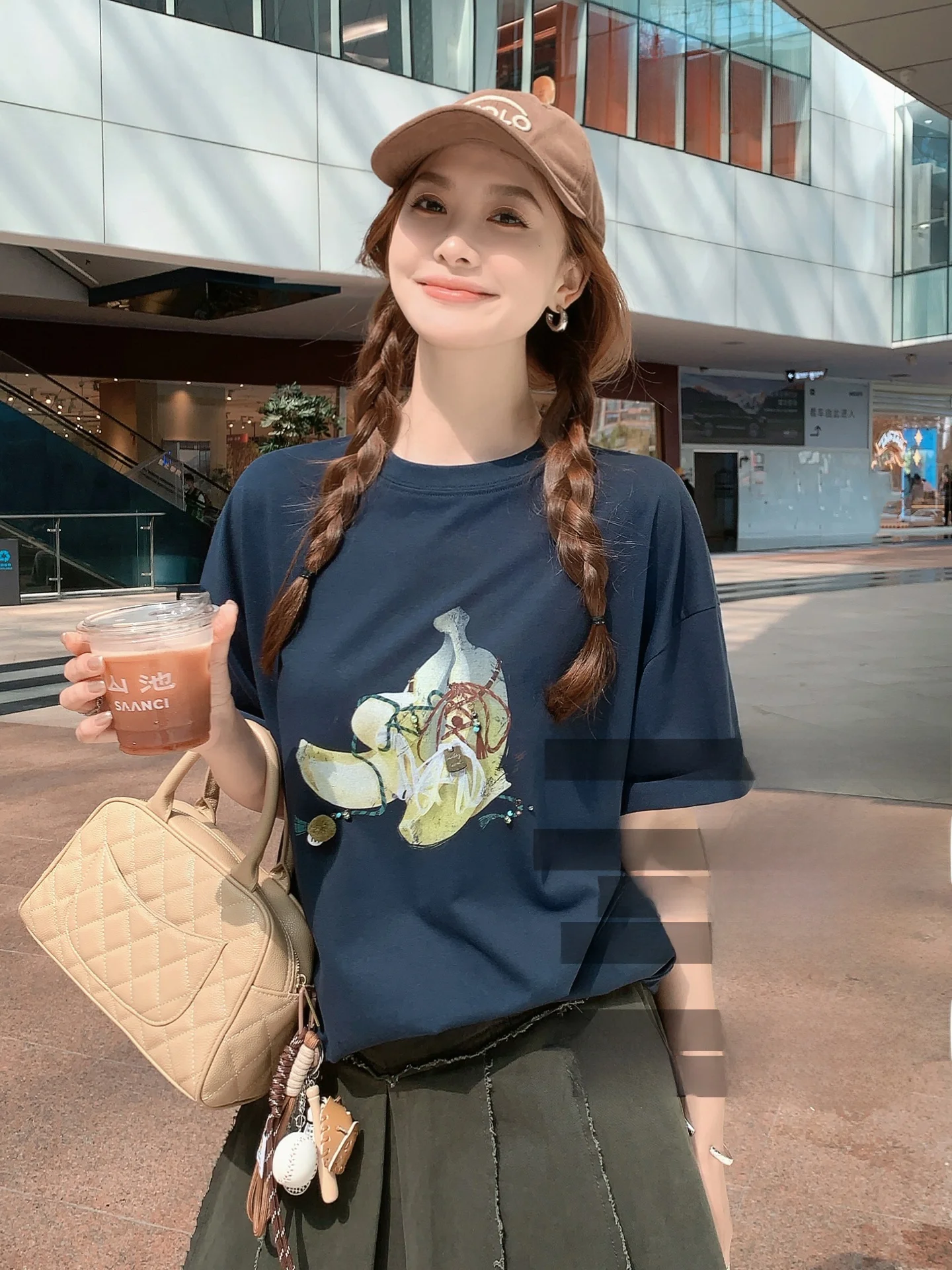 Meiyang Banana Print round Neck Short Sleeve T-Shirt Casual Loose Fit Cotton Ladies Top Comfortable Breathable Summer Tee