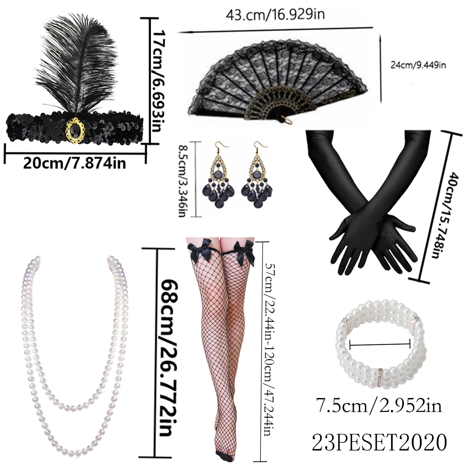 1920s women's elegance, party accessories, including party outfits, headpieces, necklaces, gloves, and other clothing.