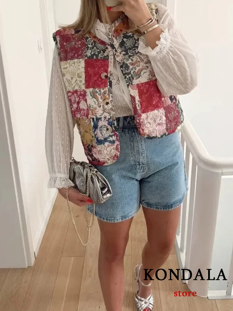 KONDALA Casual Vintage Women O-Neck Short Waistcoats Vest Print Sleeveless Coats Fashion 2023 Autumn Winter Loose Jackets