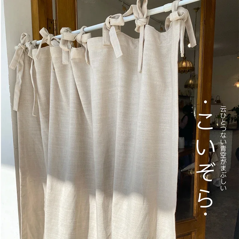 Natural Rich Linen Curtains Semi Sheer for Bedroom/Living Room/Dining/Cafe Ties Top Textured Flax Kitchen Short Window Curtains