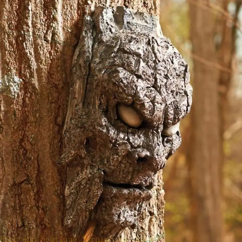 L9NB Scary Tree Bark Face Decor Garden Halloween Horror Tree Wall Hanging Ornaments