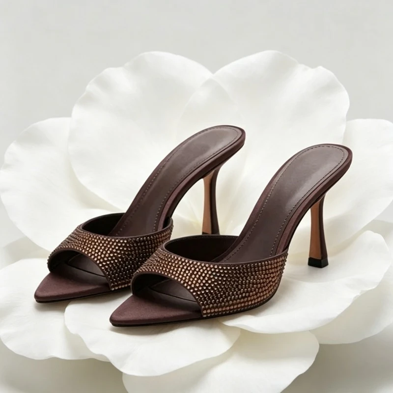 Sexy Rhinestones Thin High Heels Women Summer Satin Luxury Sandals Ladies Peep-toe Details Elegant Party Mules Women Slippers