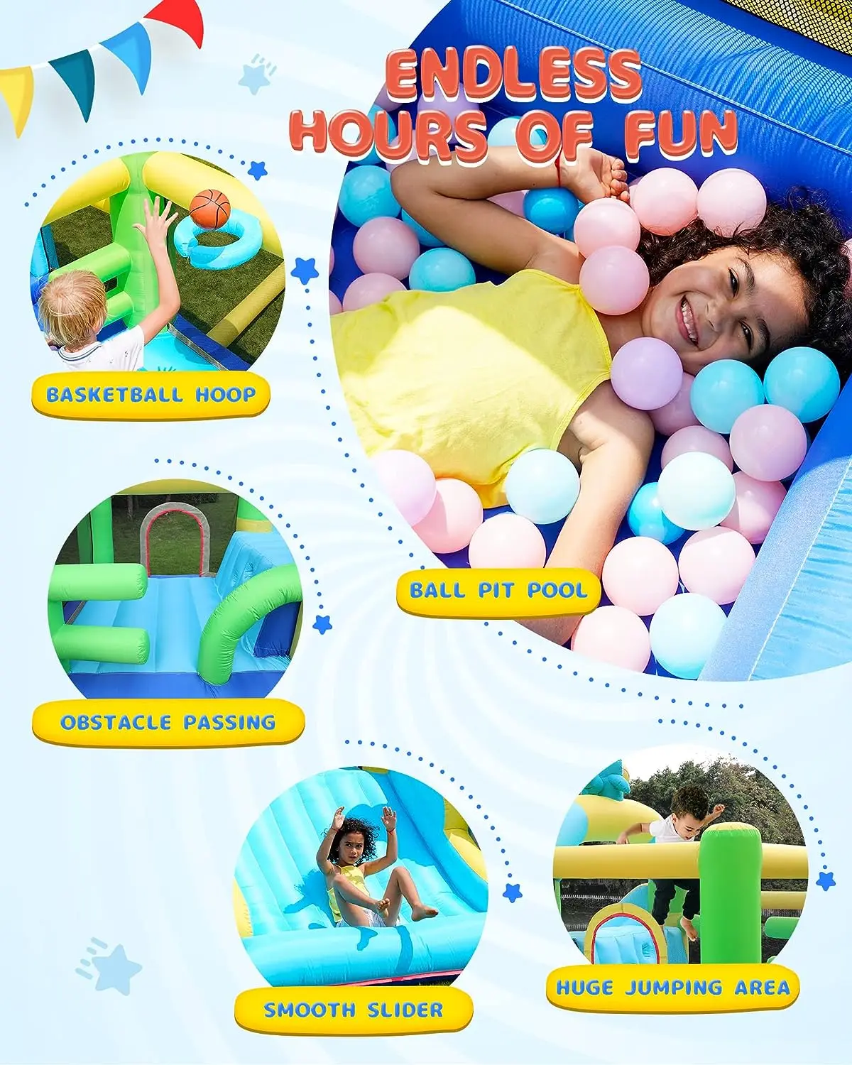 Airmyfun Hüpfburg mit Gebläse, aufblasbare Hüpfburg für Kinder, mit breiter Rutsche, Ballpool für Hinterhofs piel & Party