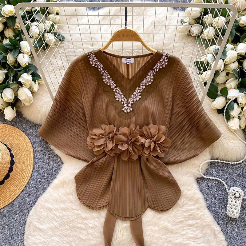Diamonds 3D Floral Blouse Feminine Batwing Sleeves Lace Up Slim Summer Tops Office Lady Pleated Luxury Elegant Shirt view 5