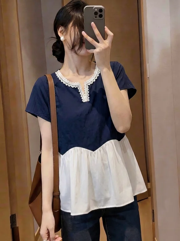 

Fashionable Short Sleeve Shirt Women's Korean Style Casual Breathable V-Neck Doll Shirt Large Size Puffy Top Age-Defying
