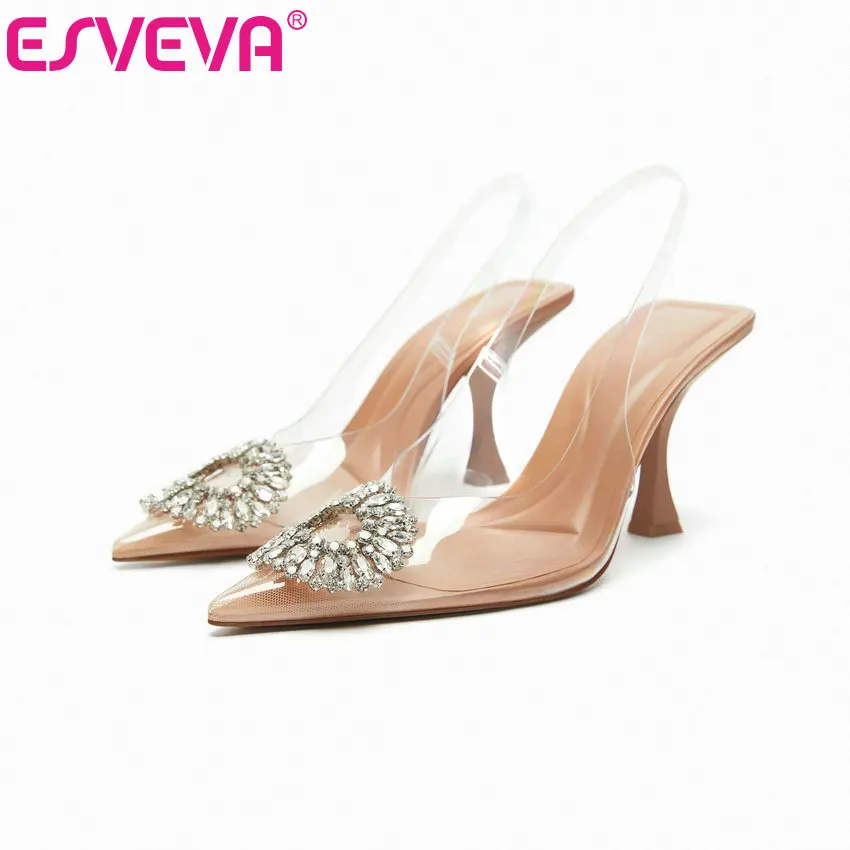 ESVEVA 2023 Summer Women Sandals Pointed Toe Thin High Heels Crystal Shoes Woman Microfiber Party Wedding Prom Pumps Size 35-42