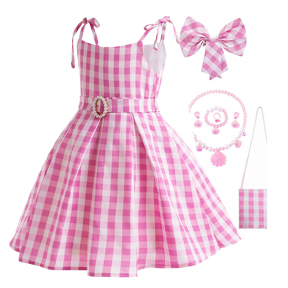 Girls Pink Princess Dress Set Gingham Party Dress with Purse Jewelry Accessories Birthday Tea Party Outfit for Kids 3-10Y