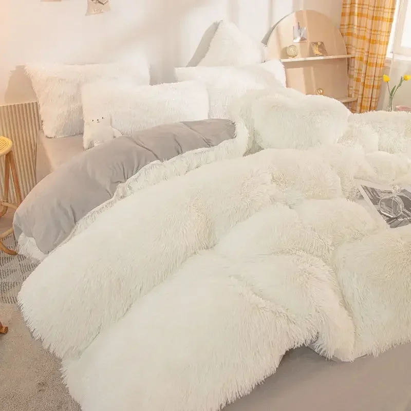 Parure de lit en velours de vison super shaggy, ensemble de literie chaud et confortable, housse de couette, couverture de couvre-lit, lieux doux, sourire, luxe, 4 pièces