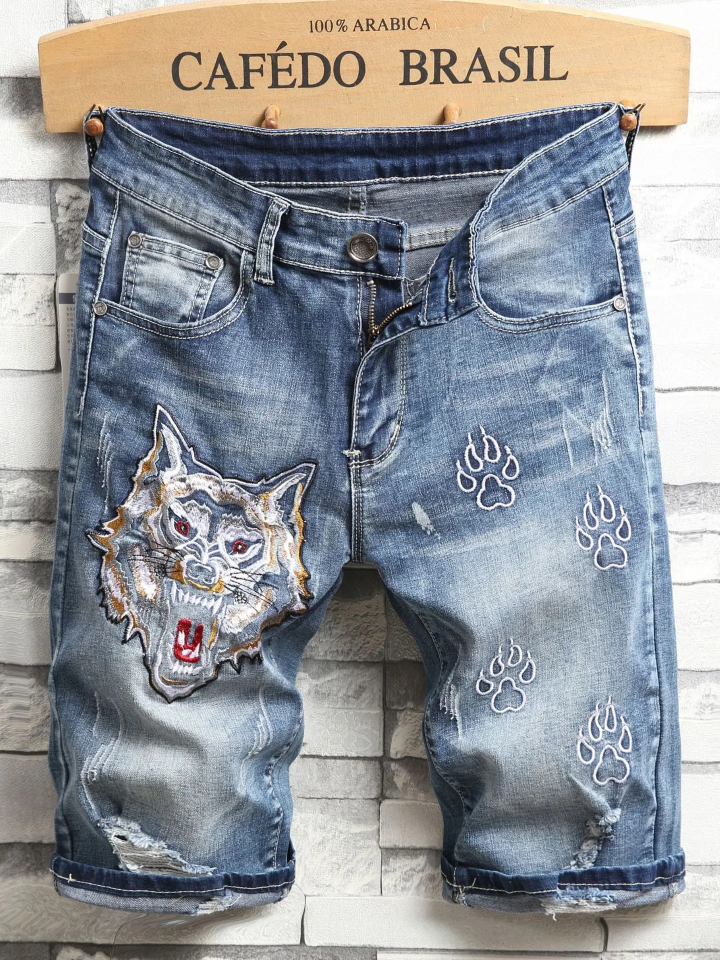 

Summer Wolf Embroidered Jeans Men Shorts Broken Hole Scratched Badge Claw Feet Flipped Edge Slim Fit Middle Pants YKK Zipper 024