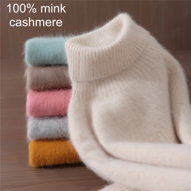 Maglione da donna in cashmere visone 100% collo alto Autunno/Inverno maniche lunghe Pullover in maglia Fondo allentato Moda Basic Top 23 colori