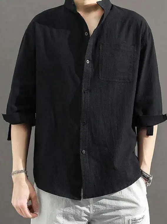 

Men's Cotton Linen Shirt Short Sleeve Stand Collar Korean Style Trendy Dapper Seven Sleeve Upper Body Fashionable Autumn Wear
