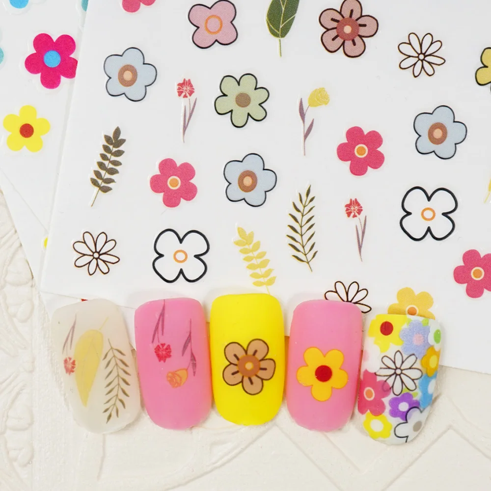Cute Flowers Leaves Nail Sticker 3D Engraved Embossed Cherry Flower Nail Art Decorations Nail Fruit Decals Design Manicure
