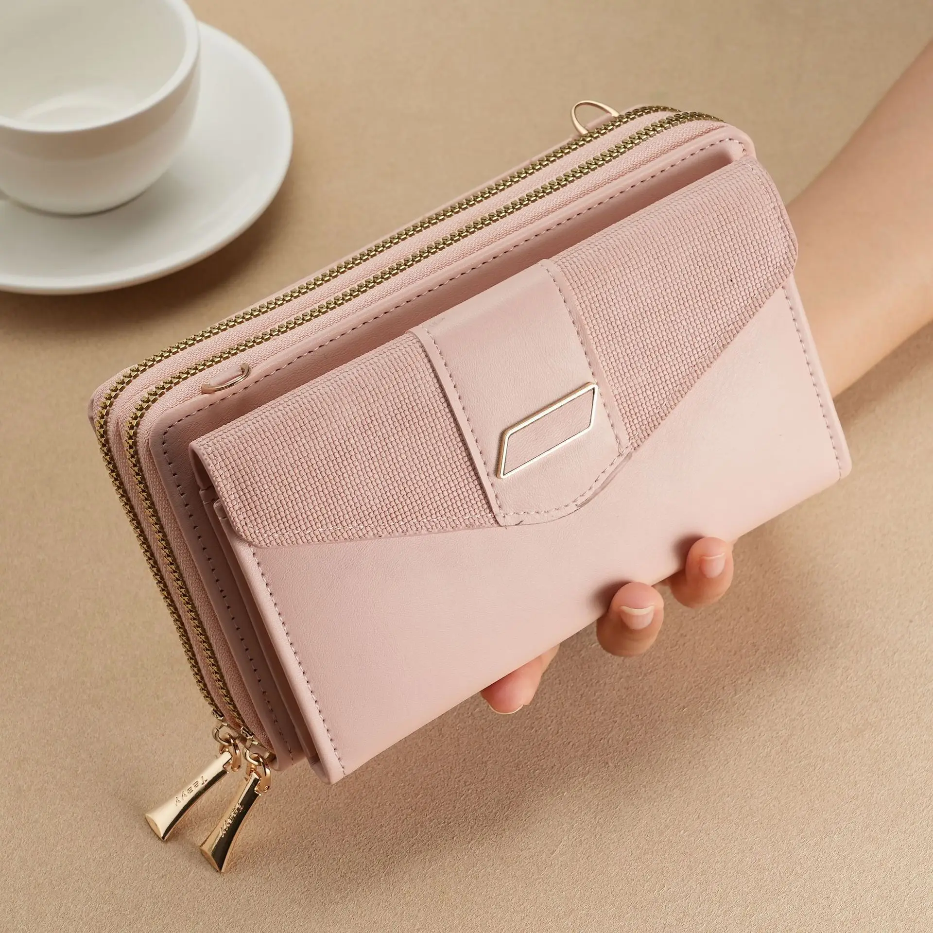 Women PU Leather Long Wallet Ladies Double Zipper Clutch Purse with Wrist Strap Large Capacity Card Holder Phone Pocket Money