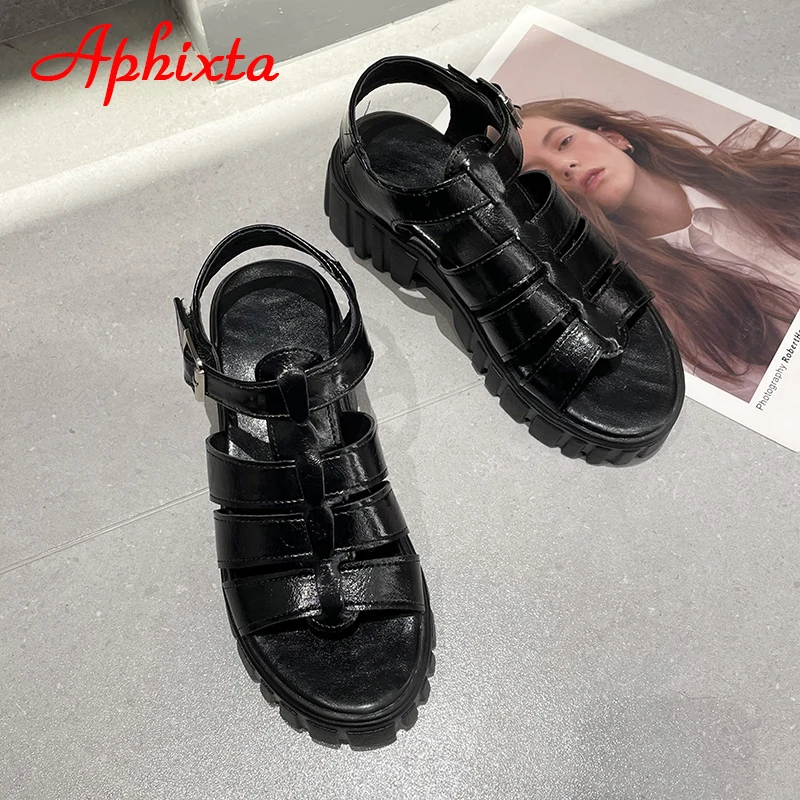 Aphixta 2022 Buckle Summer Platform Sandals Women Peep Toe Height Increasing Black Thick Bottom Cool Beach Buckle Shoes Slides