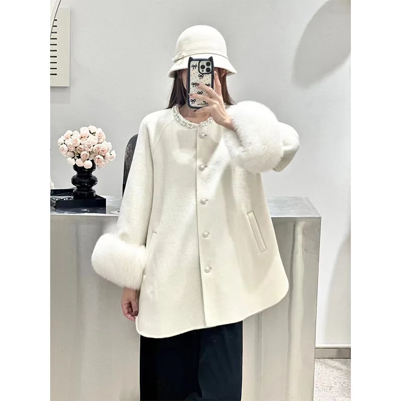 Autumn and Winter New Cashmere Double sided Coat for Women, Medium to Long, Hair, Nail Beads, Gold Money Woolen, Fur