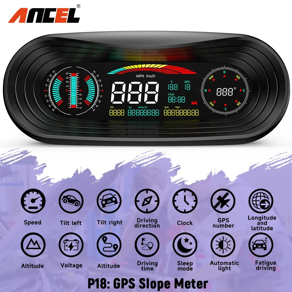 ANCEL P18 Head Up Display Car Speed OBD2 GPS HUD Clock Glass Projector Electronics Car Accessories For All Car