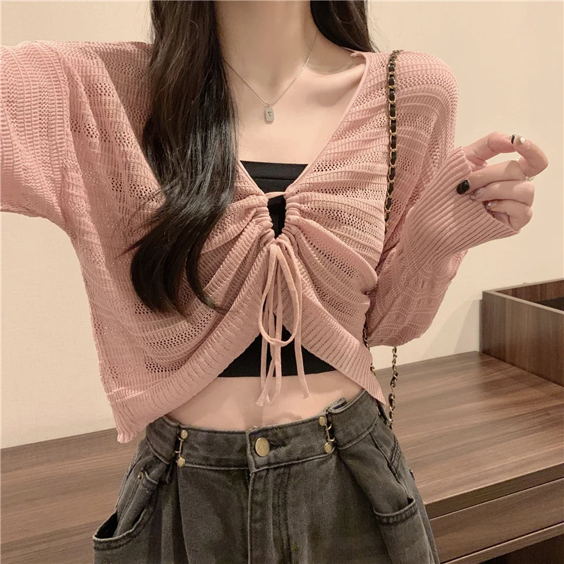 

Lucyever Spring Summer Thin Cardigan Woman Sun Protection Long Sleeve Hollow Out Cardigans Woman Sweet Lace Up Knit Cropped Tops