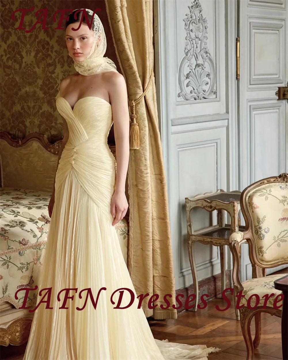 

TAFN Elegant Yellow Mermaid Pleat Evening Dress Long Strapless Formal Dresses for Women Prom Gown Customized فستان بيكو