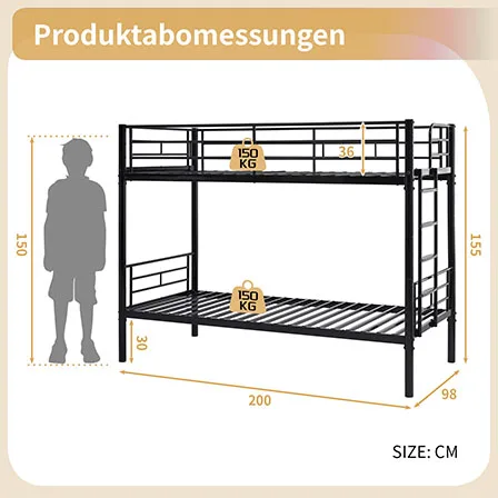 Etagenbett für Kinder, 90 x 200 cm, Etagenbett für Kinder mit Sicherheitsbegrenzen, umwandelbar auf 2 Einzelbetten mit Gittergrill, rutschfeste Treppe – Detail 2