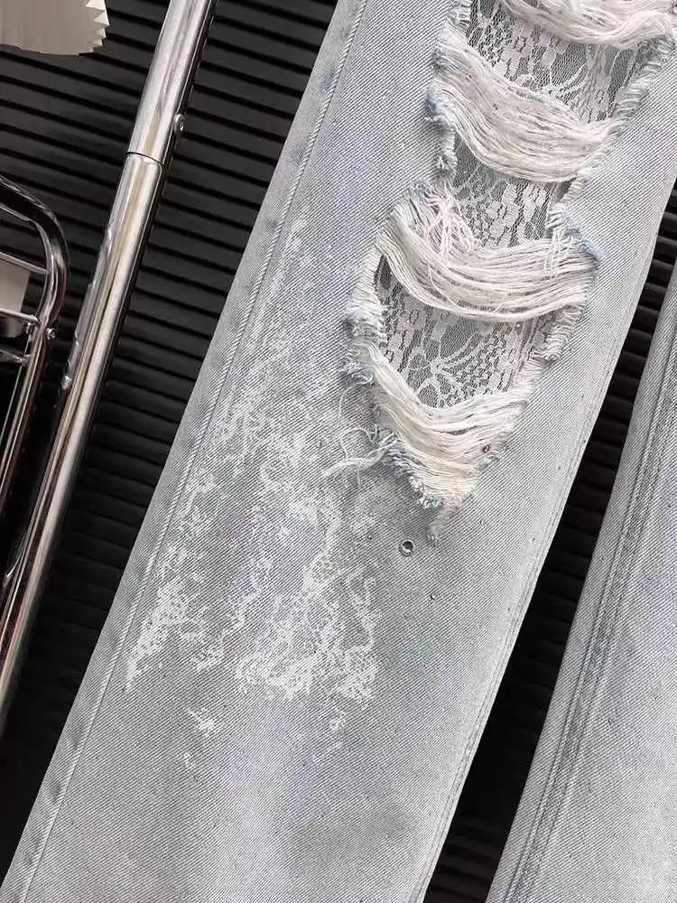 الصيف الدانتيل المرقعة ممزق الجينز للنساء خمر عالية الخصر فضفاض مستقيم الساق السراويل شيك عادية جيب واسعة الساق بنطلون