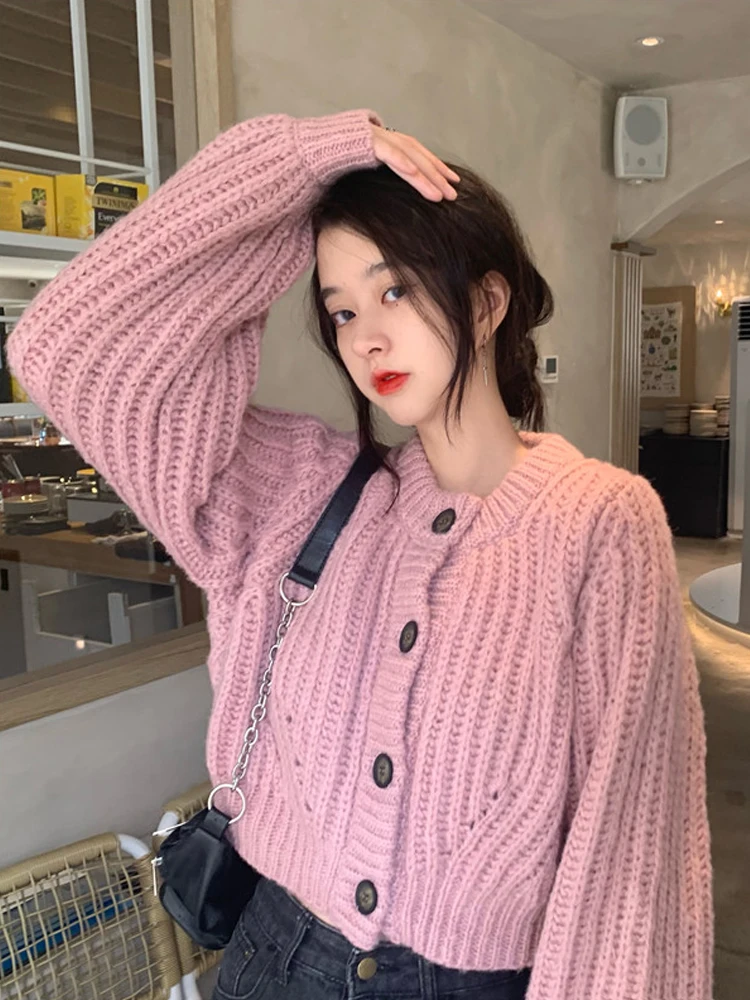 Pink Short Knitted Cardigan Jacket Women 2022 Winter Elegant Korean Lantern Sleeve Coat Female Fashion Single-breasted Chic Tops