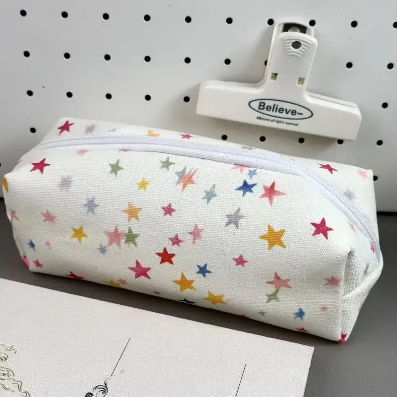 Canvas Pencil Case Polka Dot Bow Cat Star Print Sturdy Zipper Perfect For Students Daily Stationery Storage