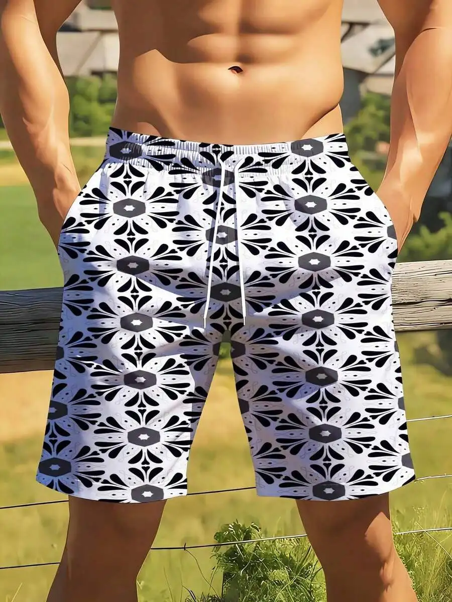 Mens Geometric Pattern Swim Trunks With Drawstring Waist For Beach Outdoor Leisure Sports