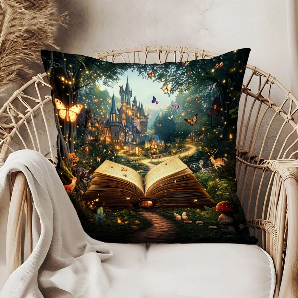 Square Pillow Case Multicolor Magical Castle Open Book Butterfly Forest Print For Living Room Bedroom Sofa Chair Home Decor