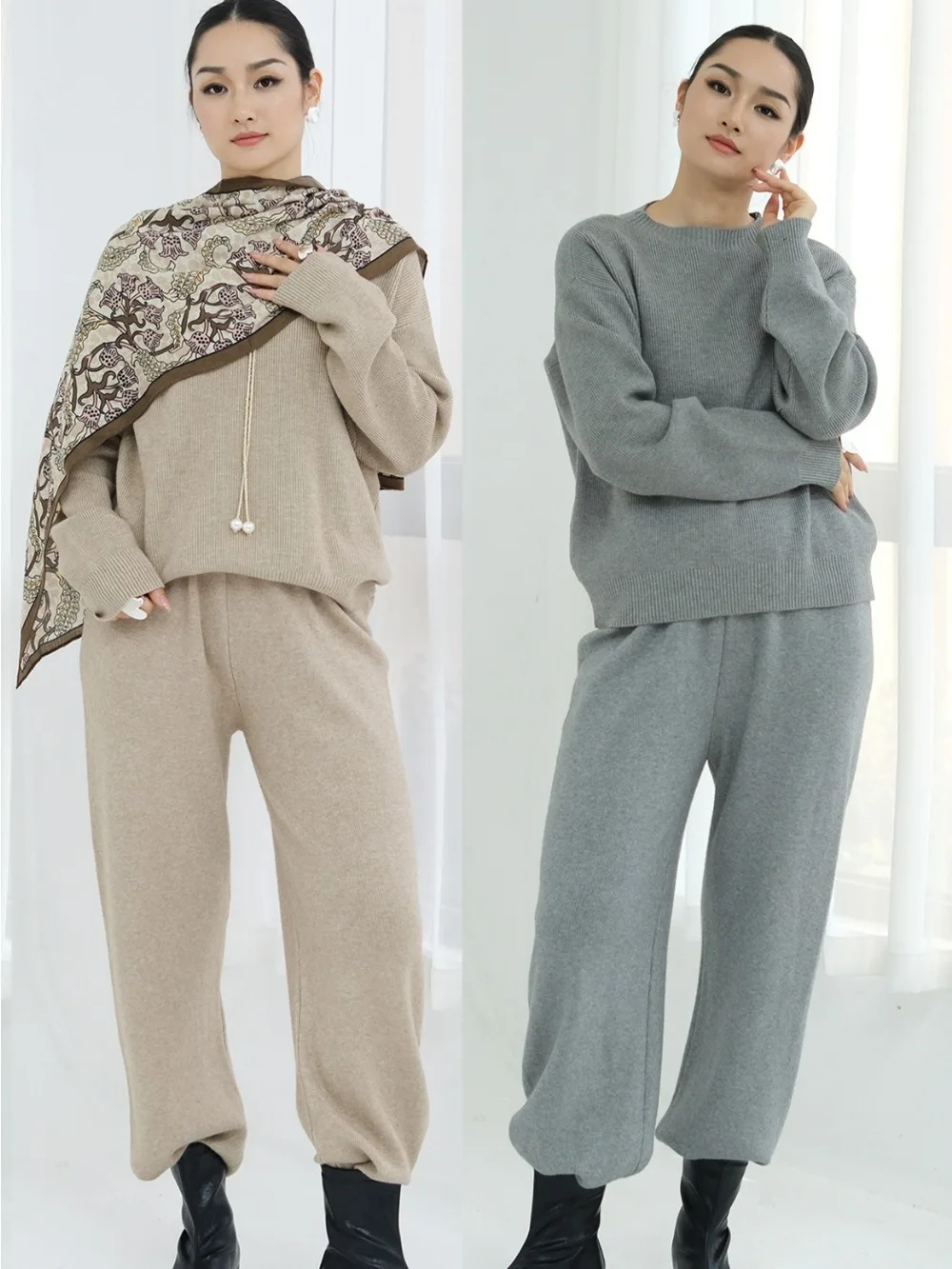 

Зимний свитер, комплект из двух предметов, женский пуловер, джемпер, вязаные брюки, эластичный спортивный повседневный спортивный костюм, вязаный мусульманский ансамбль