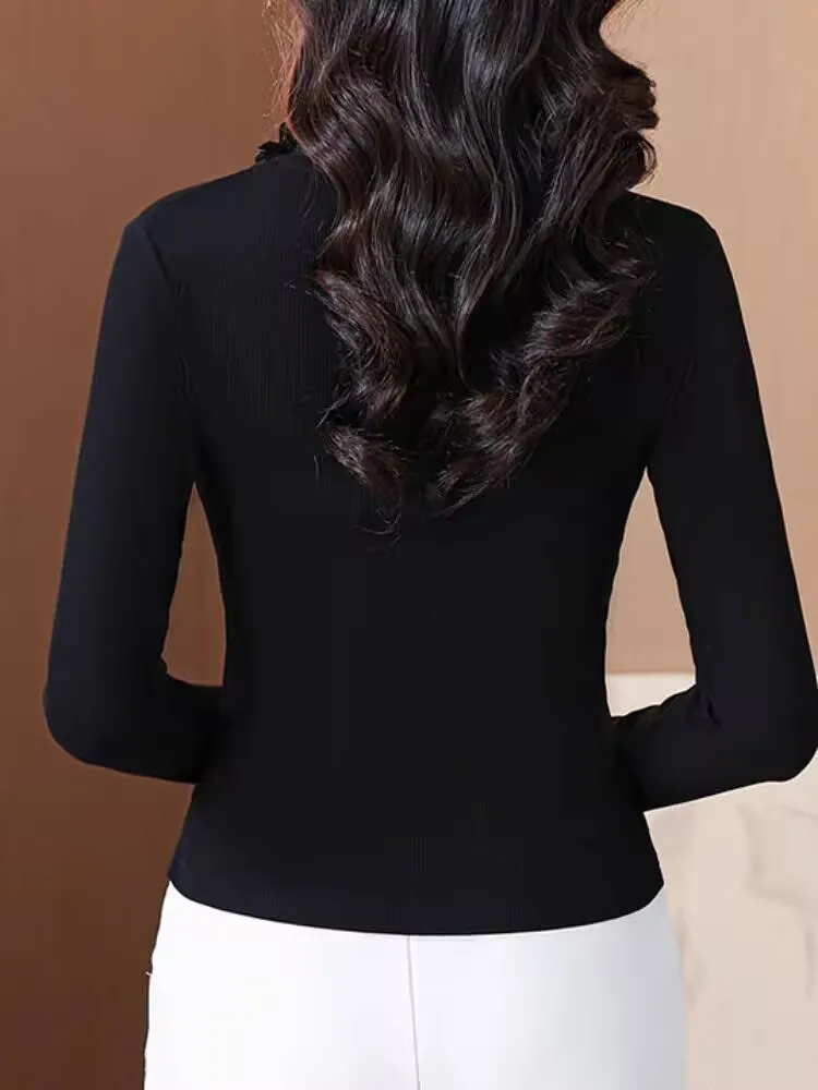 2025 프랑스 스타일 꽃 자수 우아한 티셔츠 봄 여름 여성 M-3XL 하이 스트리트 v 넥 비대칭 눈길을 끄는 세련된