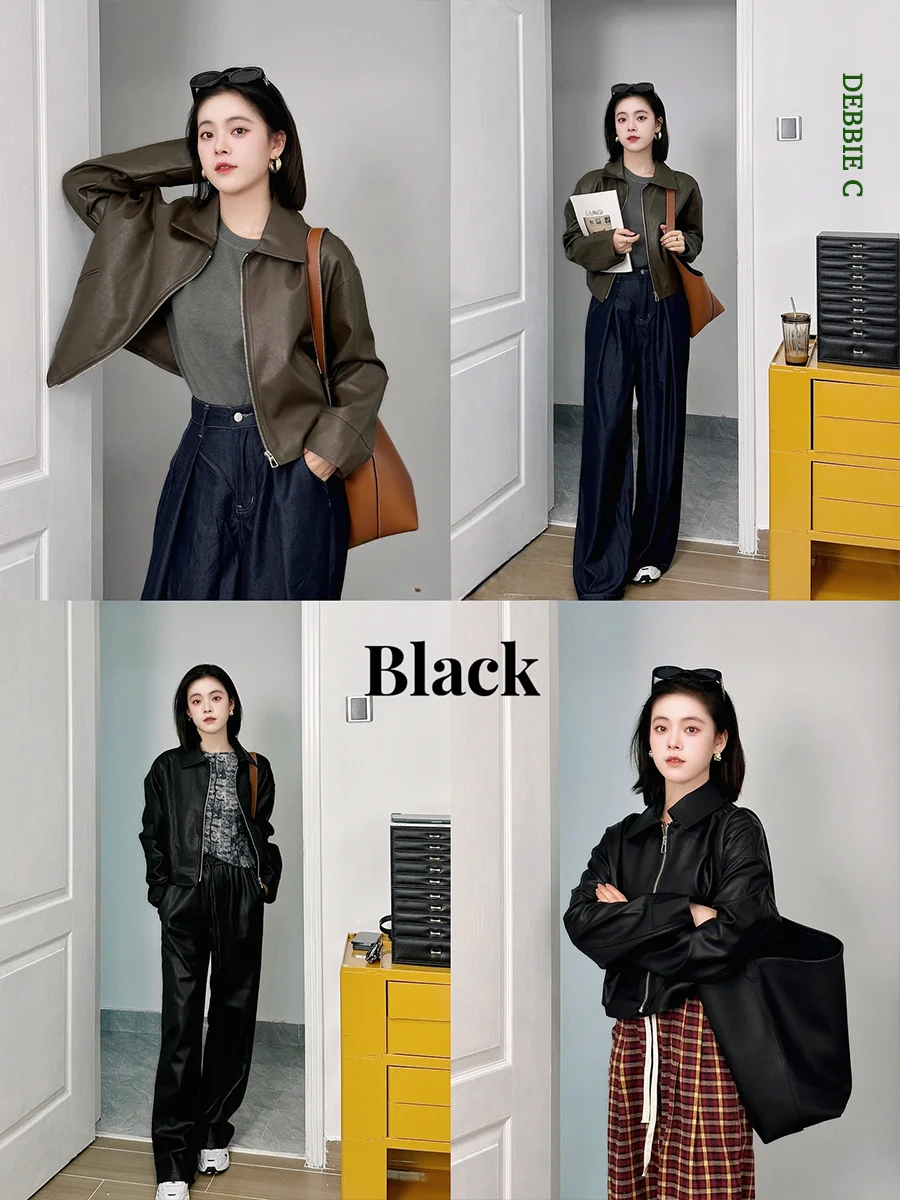 

Кожаная куртка-косуха Debbie C Bla Coffee для женщин, уличный стиль, на молнии, длинный рукав