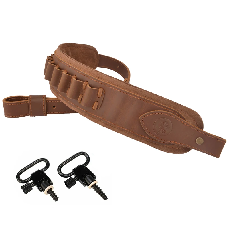 Leather Cowhide Rifle Hunting Sling Swivels Gun Carry Shoulder Strap For 12GA .308 410GA  .45/70 .30/30 .22LR .357 Ammo Slots