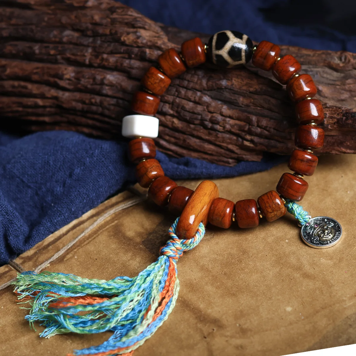 

Tibetan Yak Bone Single Loop Bracelet with Retro Agate Dzi Bead Accents and Tassel Unisex Wrist Jewelry Gifts