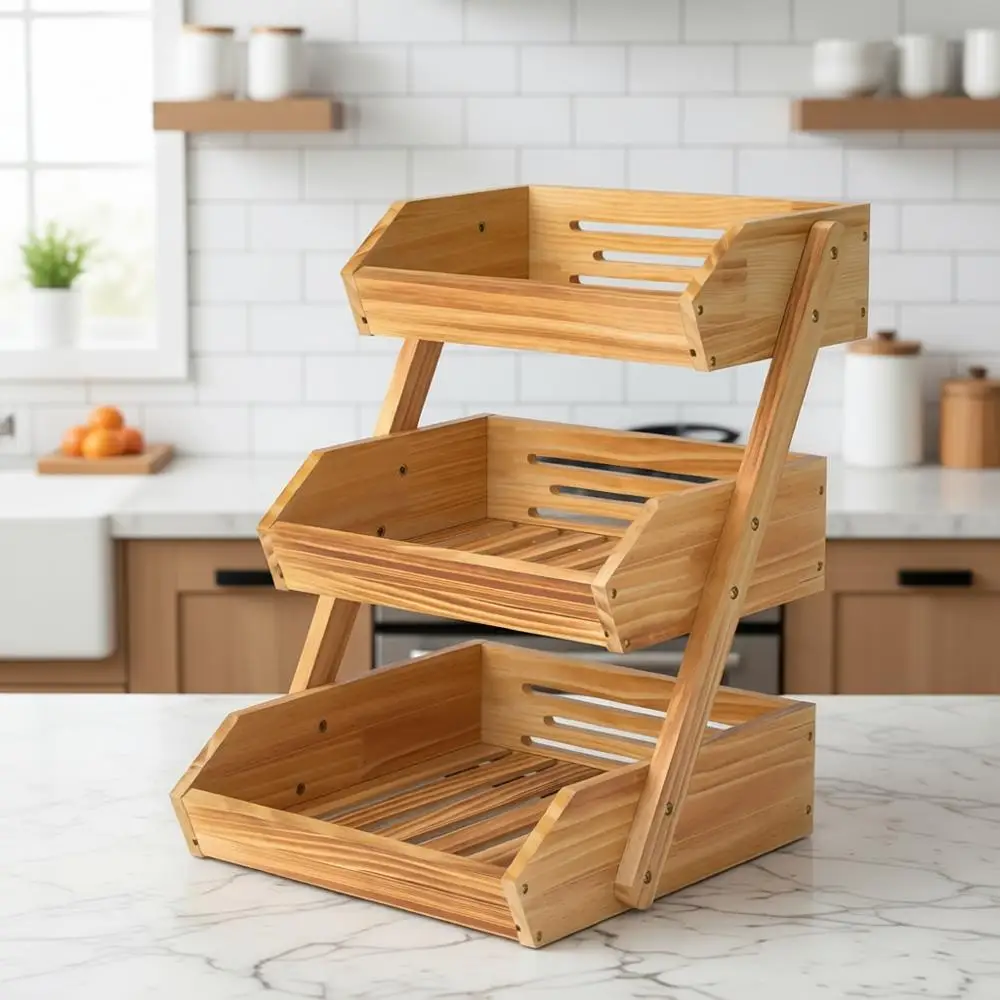

Large 3-Tier Wooden Fruit Basket for Kitchen, Bread and Vegetable Storage Stand
