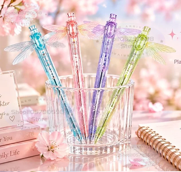 Novelty Dragonfly Wings Retractable Gel Pen, Shiny Glitter Transparent Barrel, 0.5mm Black Quick Dry Ink, Kawaii Aesthetic Gift