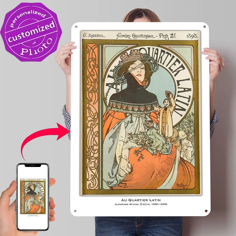 Pôster de Metal Estilo Art Nouveau - Au Quartier Latin, Arte de Parede Personalizada, Placas de Metal Retrô Vintage para Fãs, Itens de Decoração para Casa, Caverna do Homem