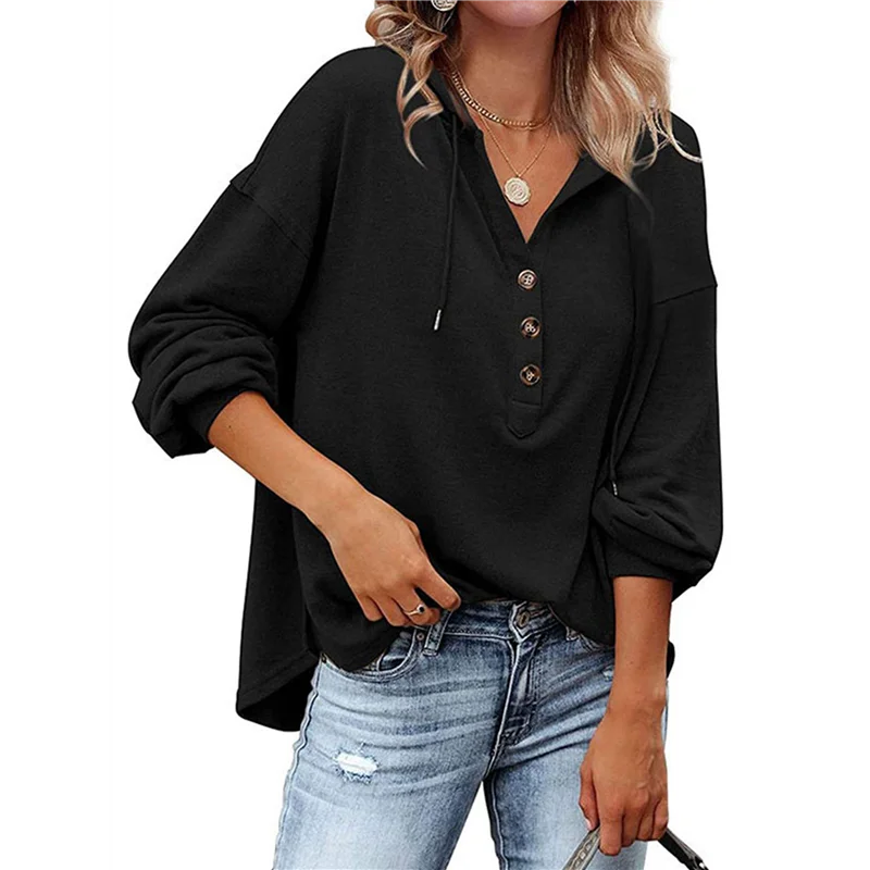 ABRT - Damska bluza rozpinana z kapturem, bluzy zapinane na guziki, topy ze sznurkiem, dekolt w serek, koszulki Henley z długim rękawem