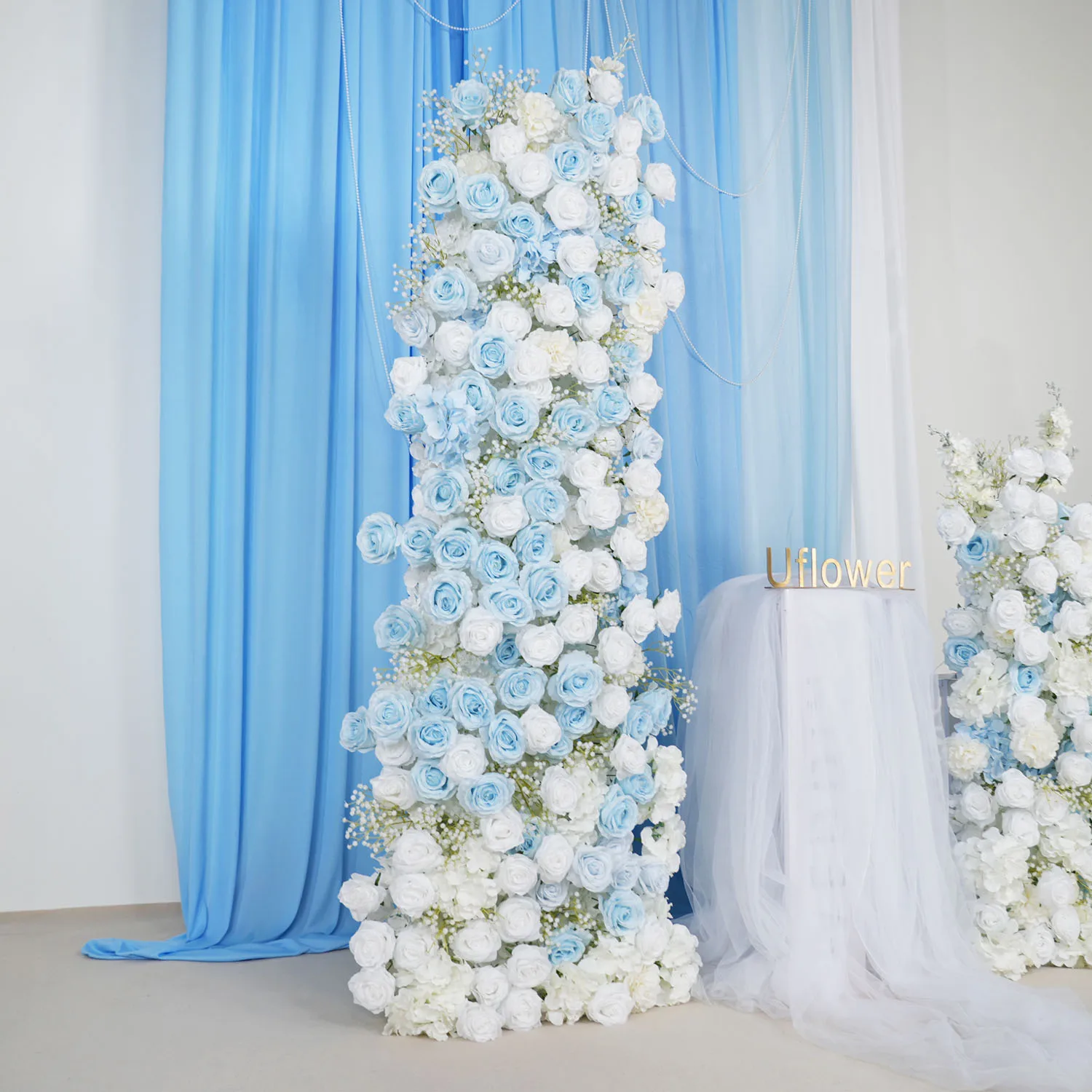 Luxury Blue White Rose Flower Wedding Backdrop Arch Decor 5D Floral Arrangement Rose Flower Row Flower Wall Party Event Display