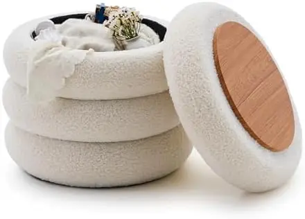 Round Storage Ottoman, Modern Sherpa Footstool, Teddy Vanity Stool with Flip-Top Tray, Makeup Chair for Home Decor