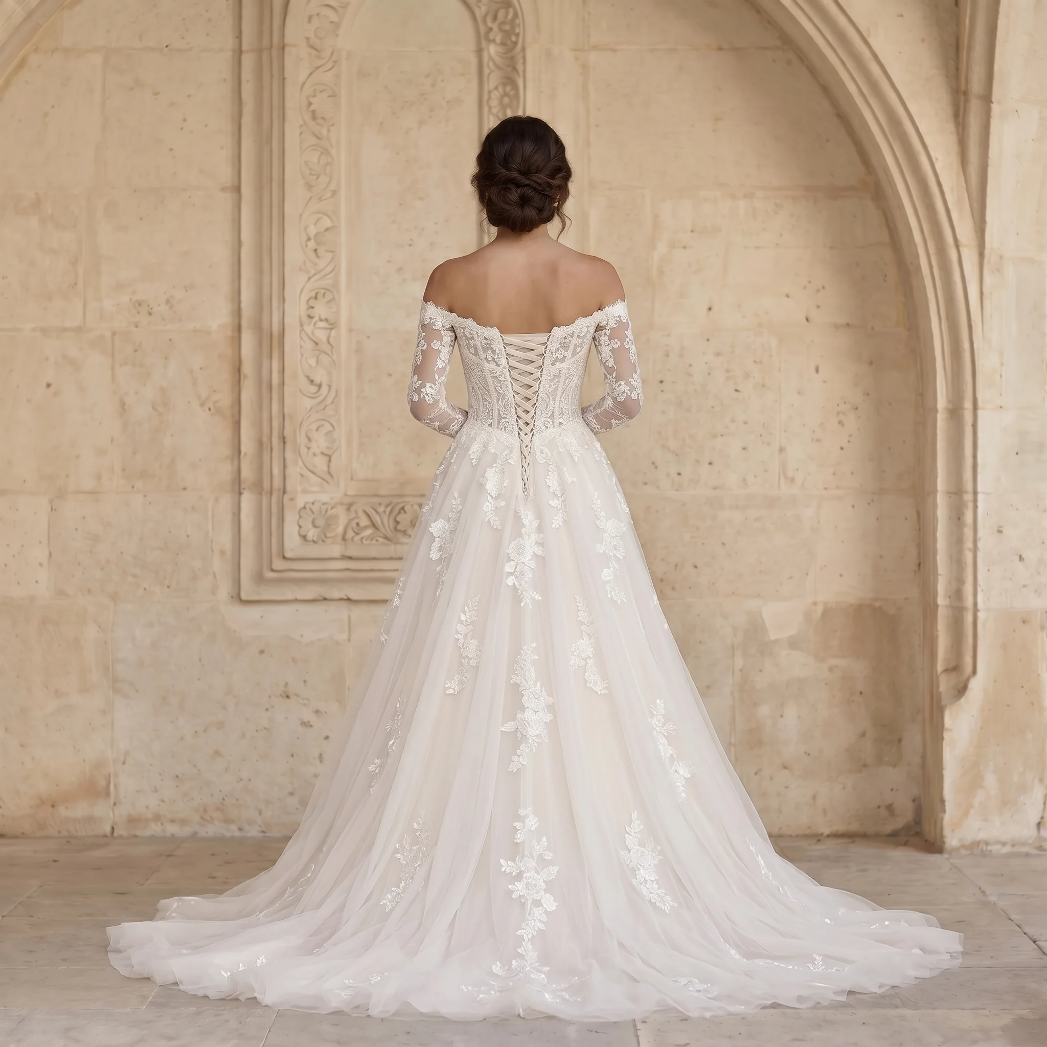 Off Shoulder Long Lace Sleeve A Line Wedding Dress 3D Floral Lace Corset Lace Up Back Tulle Chapel Train Bridal Gown