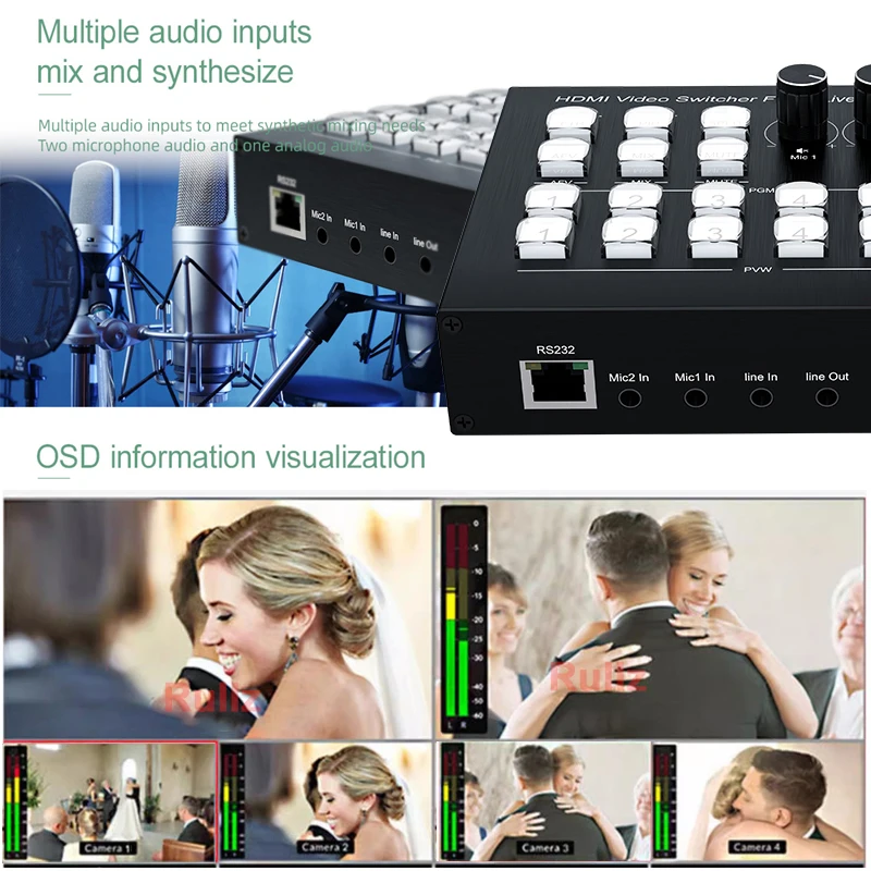 1080p 4 HDMI Video Mixer Switcher Broadcast Production Station Support Multi Camera Live Streaming USB 3.0 Video Capture Record